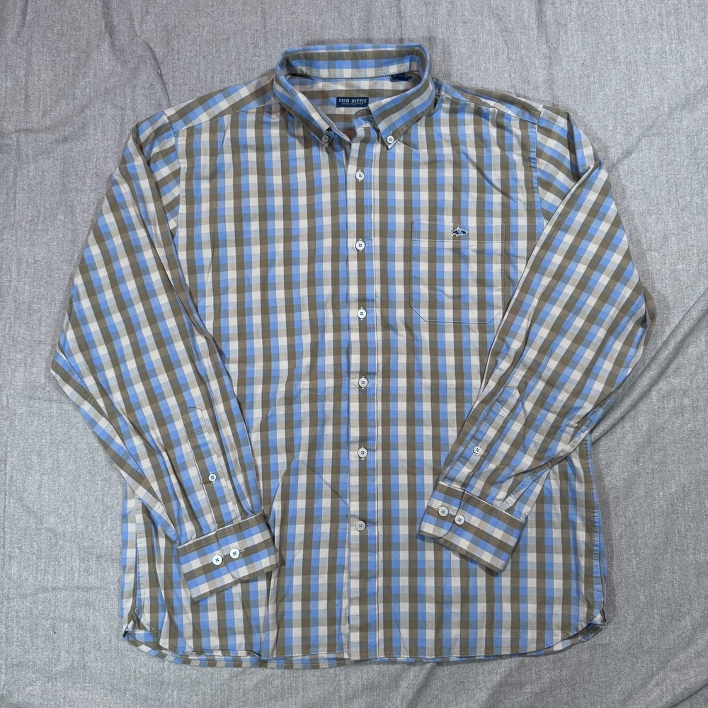 Fish Hippie Shirt Mens XL‎ Blue Tan Plaid Solace Collection Button Down Casual